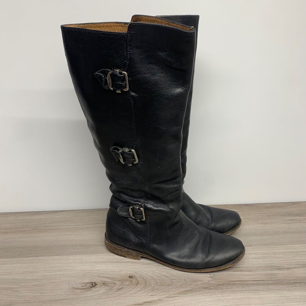 FRYE Women Riding Boots Paige Tall‎ Buckle 6.5 B Black Knee-High Leather 77066